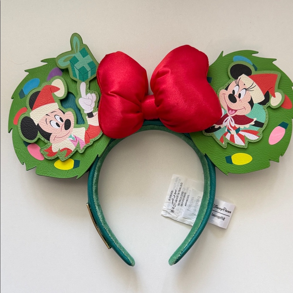 Disney Loungefly Minnie Mouse Holiday Wreath Ears Headband - Green, Red